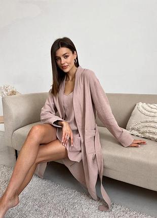 Жіночий комплект халат+сорочка cosy із мусліну, латте