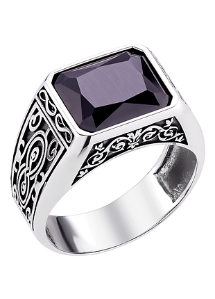 Кольцо серебряное мужское с глубоким узором и прямоугольным ониксом