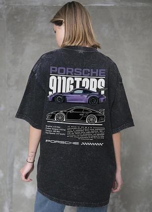 Жіноча виварена оверсайз футболка without washed з принтом porsche black