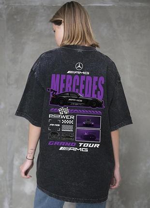 Жіноча виварена оверсайз футболка without washed з принтом mercedes black