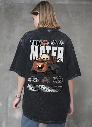 Женская вываренная оверсайз футболка without washed с принтом tow mater black