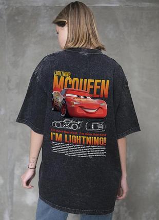 Жіноча виварена оверсайз футболка without washed з принтом mcqueen black l/xl