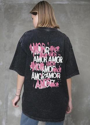 Жіноча виварена оверсайз футболка without washed з принтом amor black l/xl
