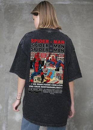 Жіноча виварена оверсайз футболка without washed з принтом spider-man black l/xl
