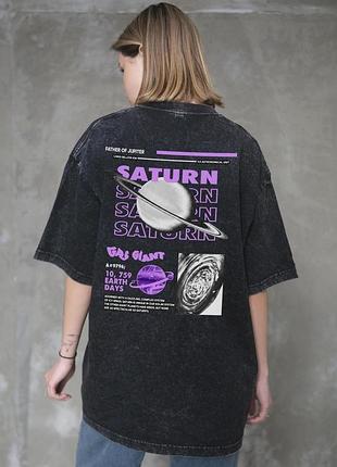 Жіноча виварена оверсайз футболка without washed з принтом saturn black l/xl
