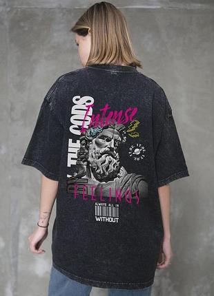 Жіноча виварена оверсайз футболка without washed з принтом feelings black l/xl