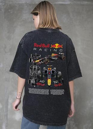 Жіноча виварена оверсайз футболка without washed з принтом redbull black l/xl