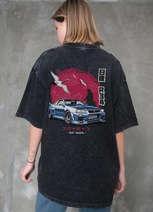 Жіноча виварена оверсайз футболка without washed з принтом skyline black l/xl