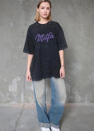 Жіноча виварена оверсайз футболка without washed з принтом milfa black l/xl