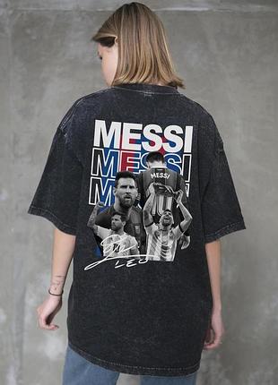Жіноча виварена оверсайз футболка without washed з принтом messi black l/xl