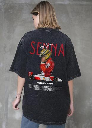 Жіноча виварена оверсайз футболка without washed з принтом senna black l/xl