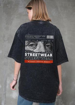 Жіноча виварена оверсайз футболка without washed з принтом streetwear black l/xl