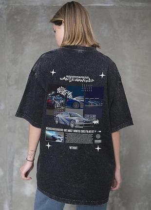 Жіноча виварена оверсайз футболка without washed з принтом wanted black l/xl