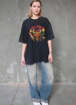 Жіноча виварена оверсайз футболка without washed з принтом hellfire club black l/xl