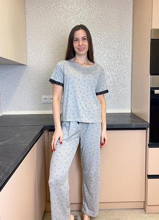 Жіноча сіра піжама трійка (s/m, l, xl)- шорти, штани, футболка xl