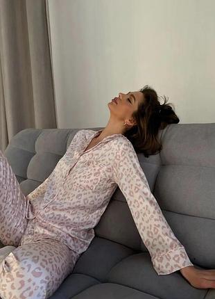 Піжама glamour, піжама жіноча шовкова леопардова, атласний жіночий комплект із сорочкою та штанами l