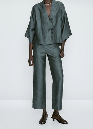 Новые льняные штаны massimo dutti linen trousers mottled dark green - l