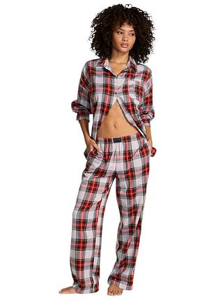 Коттонова піжама з модалом victoria's secret modal-cotton long pajama set xs сіра в клітинку