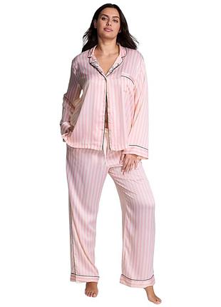 Сатинова піжама victoria's secret satin long pajama set iconic striped s рожева у смужку з вишивкою