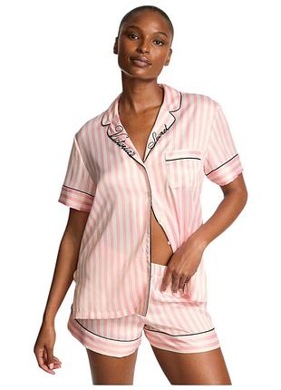 Сатиновая пижама victoria's secret glazed satin short pajama set pink striped s розовая в полоску