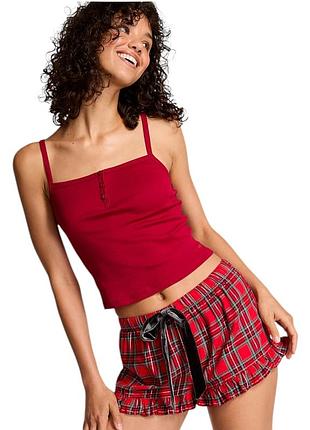 Шорти фланелеві з бантом victoria's secret flannel boxy ruffled pajama shorts s червоні картаті