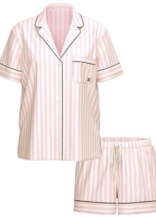 Сатиновая пижама victoria's secret satin short pajama set pink striped l розовая в полоску