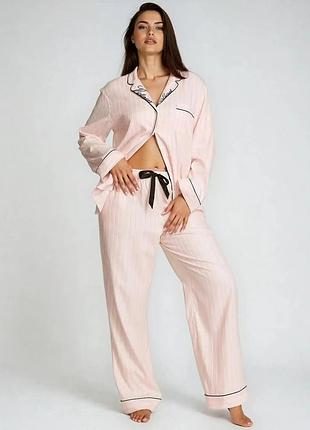 Фланелевая пижама, комплект рубашка с длинным рукавом и прямые брюки victoria's secret розовая в полоску l