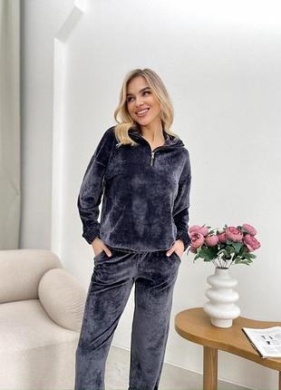 Женский домашний велюровый костюм, теплый комплект, кофта на замке с длинным рукавом и брюки julia графит xl