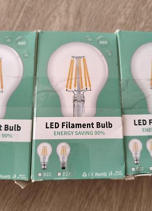 Світлодіодна філаментна лампа (led filament bulb) a60, е27, 8 вт (аналог 75 вт), прозора — упаковка 4 шт.