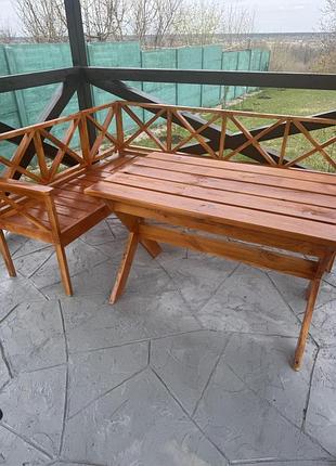 Комплект садових меблів з натурального дерева woodland relax , стіл та кутовий диван green yard lux коричневого кольору ксмд 070