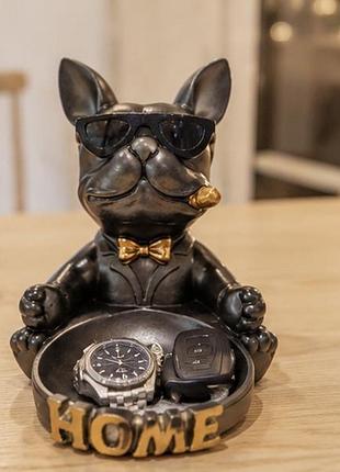 Сучасний інтер'єрний декор бульдог із чашею платину 24 см