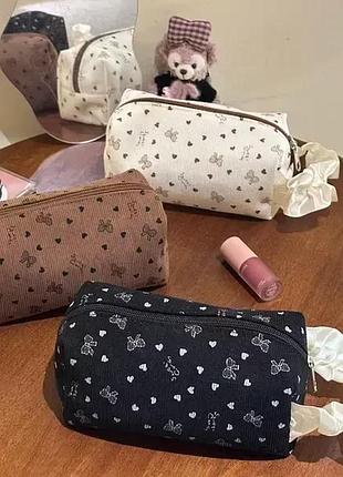 Косметичка beauty luxury женская с ручкой атласная сеть, вельвет – 3 цвета (шоколадная, молочная, черная), 19 см*9 см*9 см