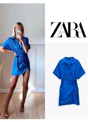 Платье женское zara мини на запах вискоза m синяя летняя рубашка платья
