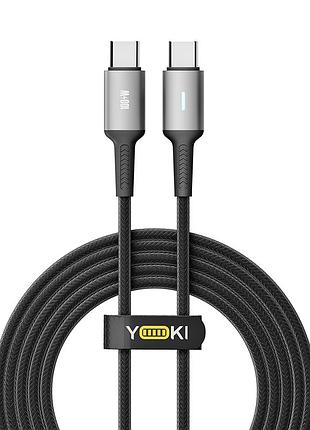 Кабель usb yoki power yk-po70 type-c to type-c 100 w 2 m з led-індикатором і захистом від зламів чорний
