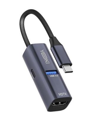 Usb hub yoki pocket mini 3in1 type-c с hdmi 4k и power delivery для ноутбуков и смартфонов серый