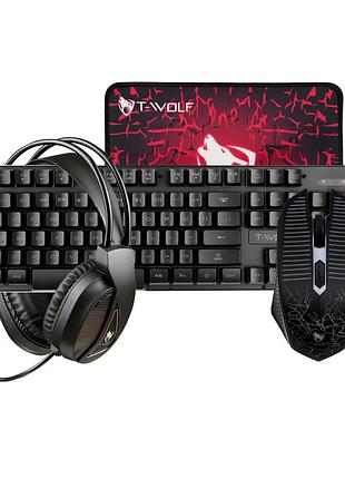 Игровой комплект t-wolf tf-400 мембранная клавиатура мышь наушники коврик rgb черный