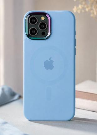 Чехол ag-glass chrome camera с magsafe для iphone 12 pro max противоударный с защитой камеры с хромированной рамкой blue mc-10853