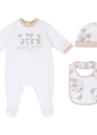 Комплект комбінезон, шапка, слинявчик chicco set white білий розмір 56