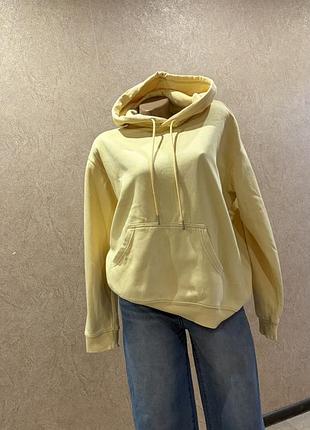 Лимонний худі h&m basics, теплий світшот з капюшоном на флісі, розмір s-m