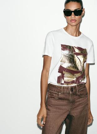 Футболка женская белая с металлическим принтом зара zara m, l