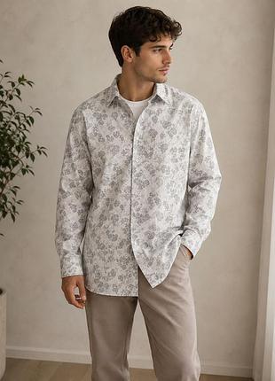 Чоловіча сорочка esprit collection — оригінал, 100% бавовна, сіро-блакитний квітковий принт