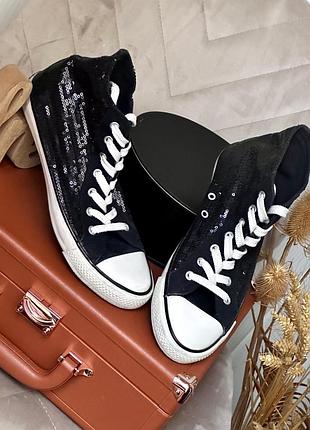 Высокие черные кеды в пайетках (в стиле converse) — размер 40
