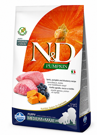 Farmina n&amp;d pumpkin puppy medium &amp; maxi — ягненок, тыква и черника, 12 кг