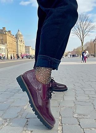 Туфли броги Оксфорды женские кожаные лакированные бордовые в мужском стиле caprice 37-38 размер