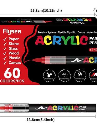 Акриловые маркеры кистевые flysea soft brush 60 цветов, для бумаги, ткани, дерева, стекла, камня, керамики и пластика (afb60)