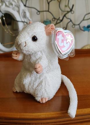 Винтажная игрушка ty beanie babies tiptoe the mouse / белый мышонок тептоу с биркой