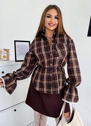 Рубашка в клетку с красивым рукавом в цветах 🍁 фланель