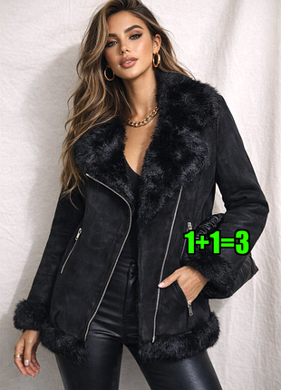 🤩1+1=3** базовая черная утепленная куртка авиатор дубленка с мехом jakke, размер 46 - 48