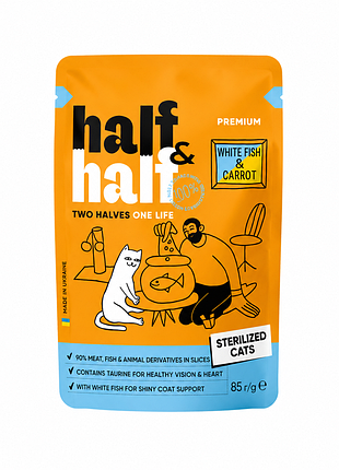 Влажный корм half&amp;half premium white fish &amp; carrot для стерилизованных котов, 85 г