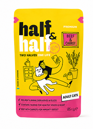 Half &amp; half premium - влажный корм для взрослых котов со вкусом говядины и моркови, 85 г